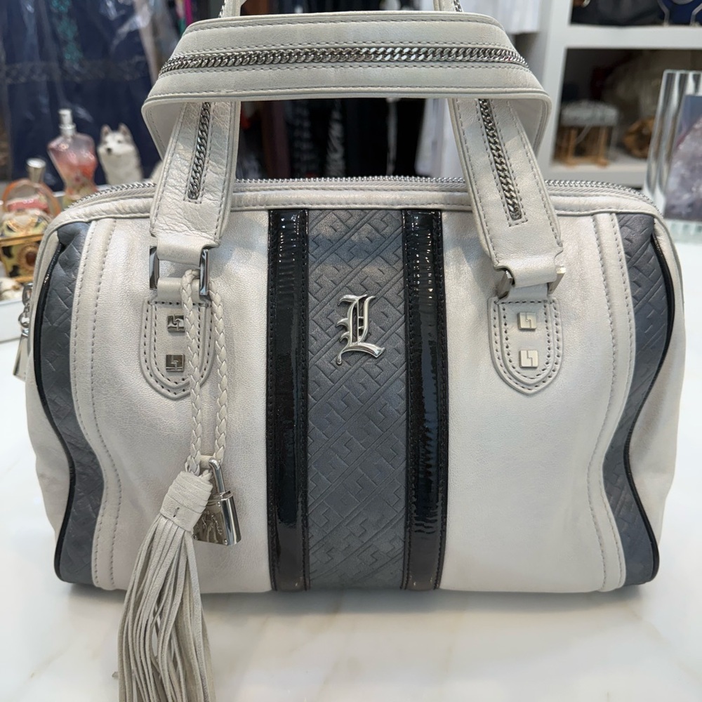 Elegant Oyster White and Gray Designer Handbag